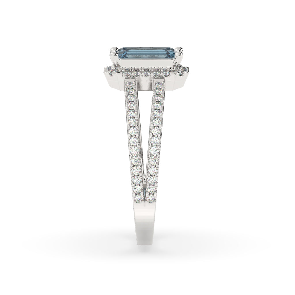 Blue Emerald-Cut Diamond Halo Ring