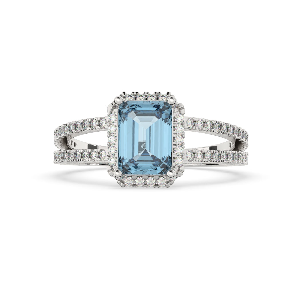 Blue Emerald-Cut Diamond Halo Ring