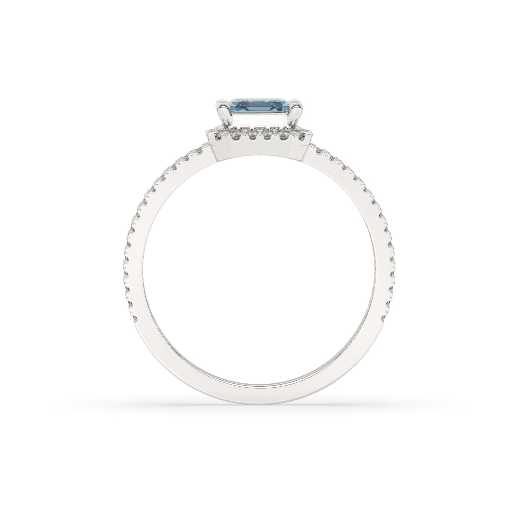 Blue Emerald-Cut Diamond Halo Ring