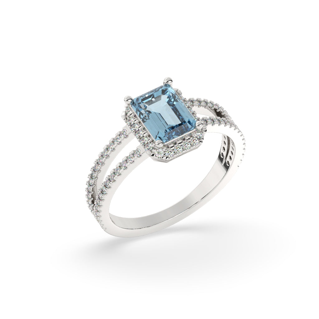 Blue Emerald-Cut Diamond Halo Ring