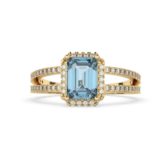 Blue Emerald-Cut Diamond Halo Ring