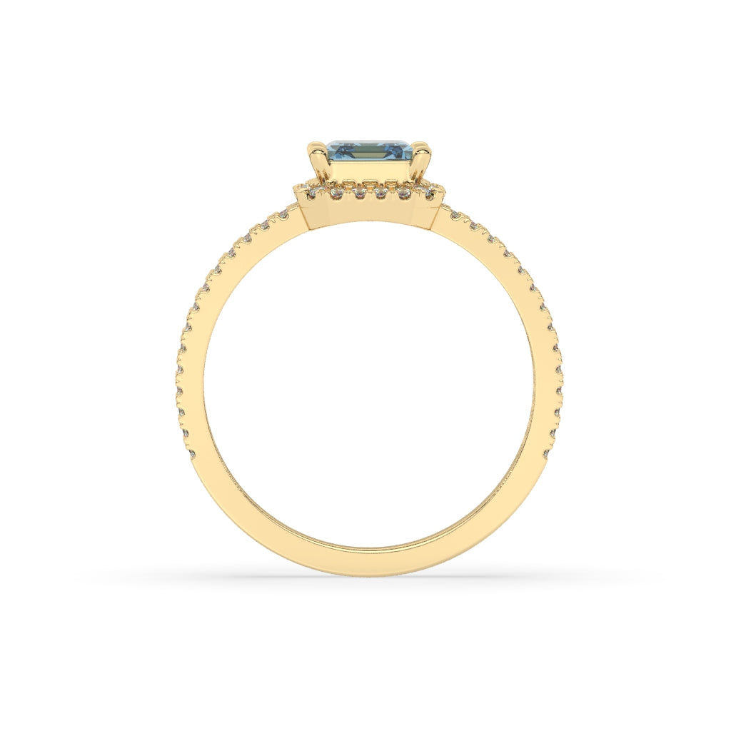 Blue Emerald-Cut Diamond Halo Ring