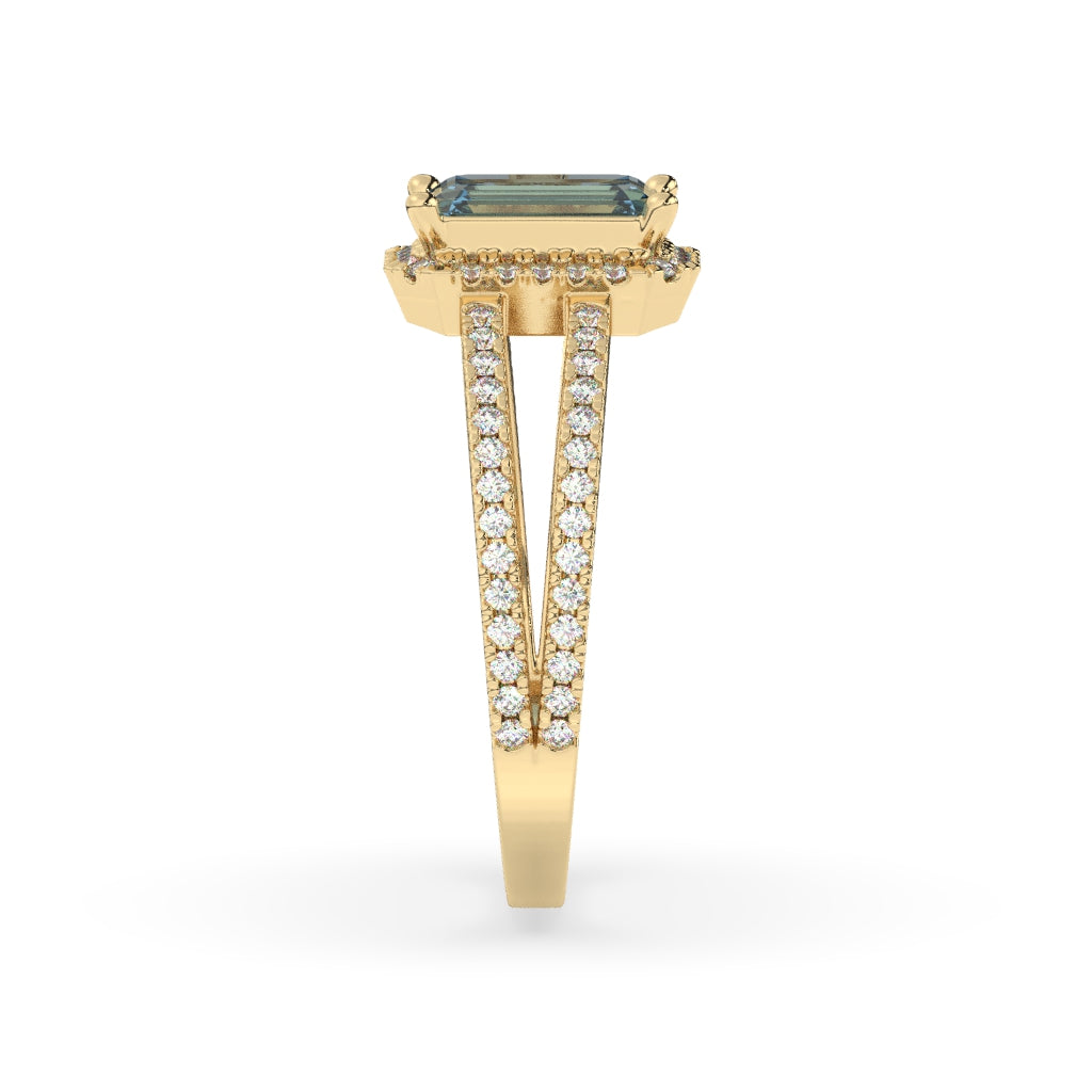 Blue Emerald-Cut Diamond Halo Ring