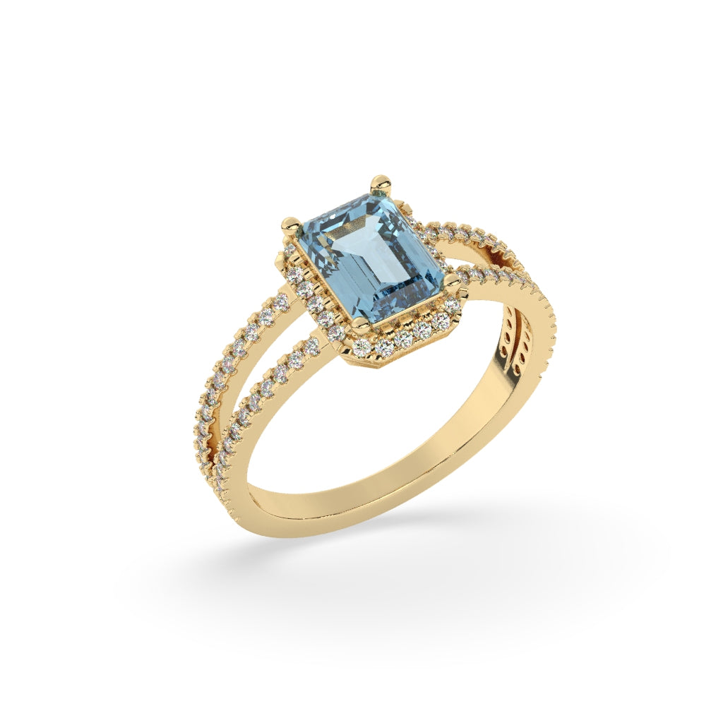Blue Emerald-Cut Diamond Halo Ring